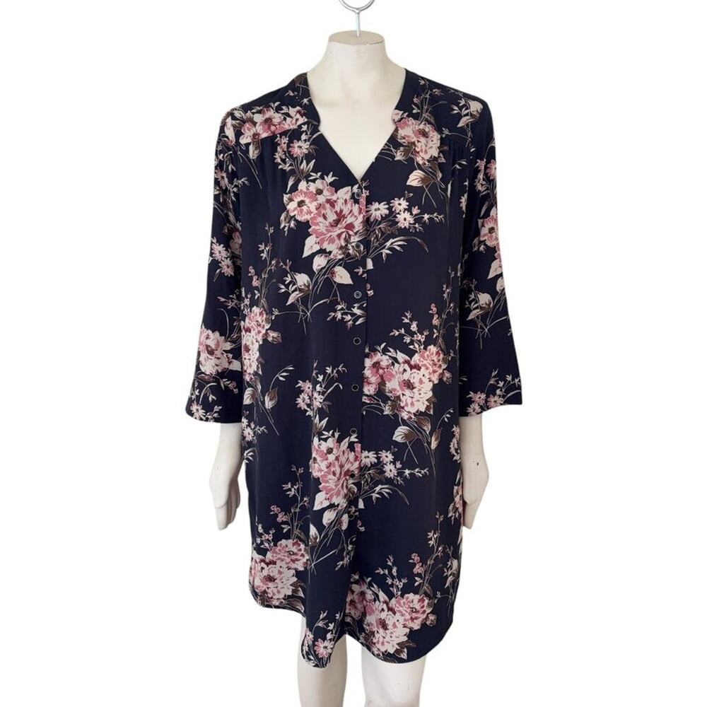 41 HAWTHORN Black Floral Button Front Kimono Dress SZ XL
